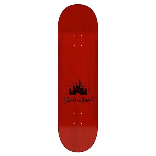 Red skateboard deck with a black castle design and 'Blood Wizard' text on a white background