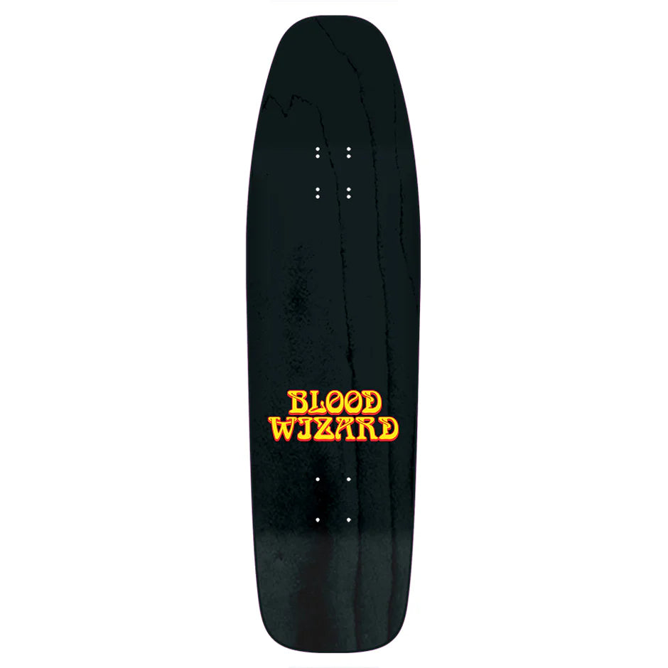 Black skateboard deck with 'Blood Wizard' text in yellow on a white background