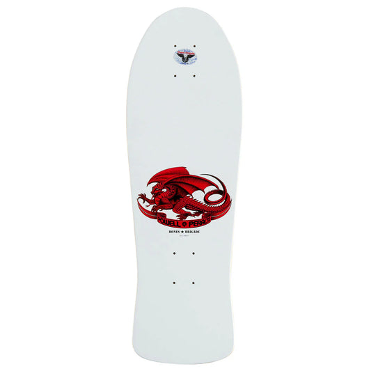 White skateboard deck with red and black graphic design on a white background