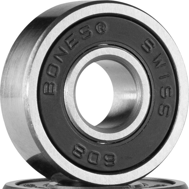 Two skateboard bearings with 'Bones Swiss' branding on a white background