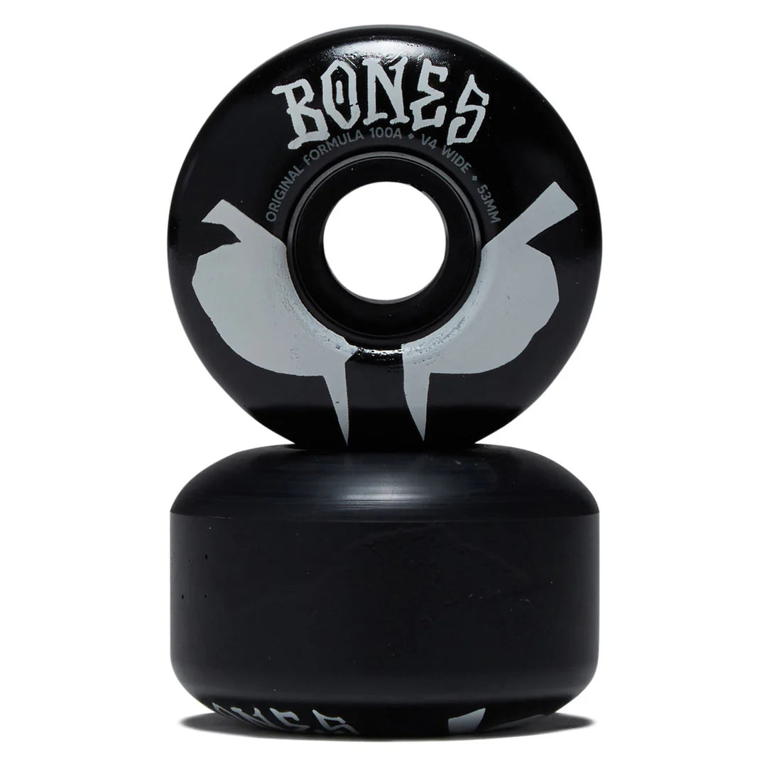 Black skateboard wheels with 'Bones' branding on a white background
