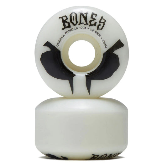 Two white skateboard wheels with black accents and 'Bones' branding on a white background.