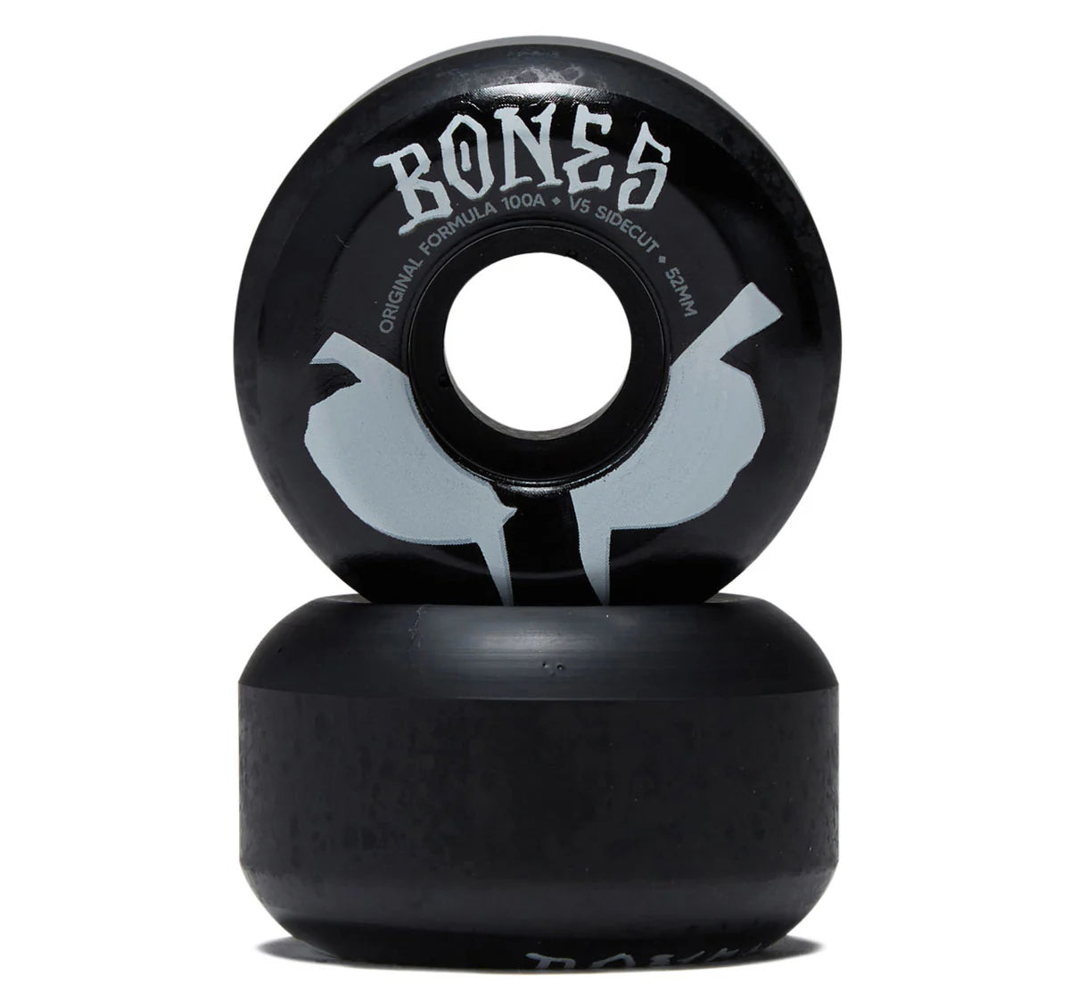Black skateboard wheels with 'Bones' branding on a white background