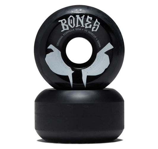 Black skateboard wheels with 'Bones' branding on a white background