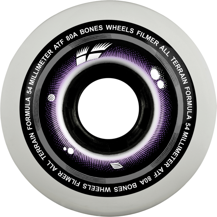 Skateboard wheel with purple center and black text on a white background