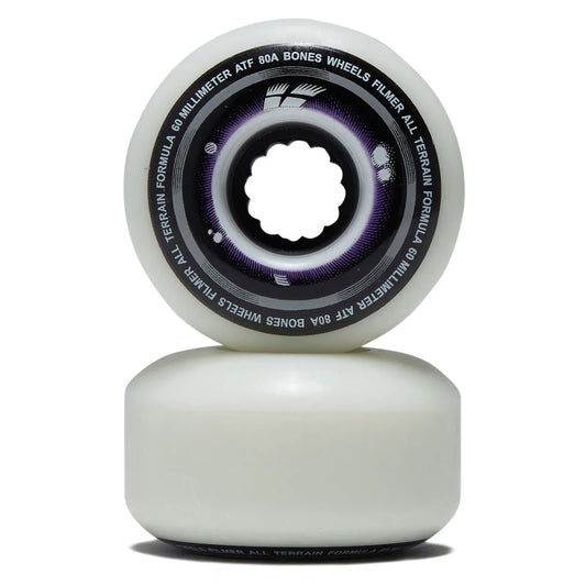 Two white skateboard wheels with black text on a white background