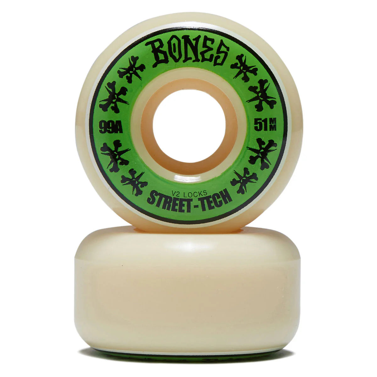 Skateboard wheel with green and black 'Bones' branding on a white background