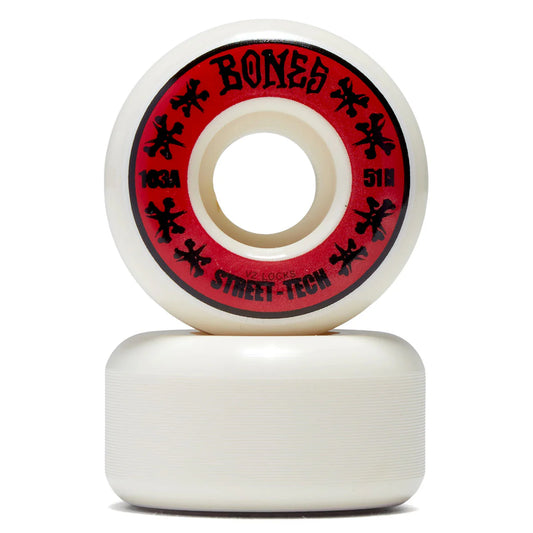 Skateboard wheels with red and black 'Bones' logo on a white background