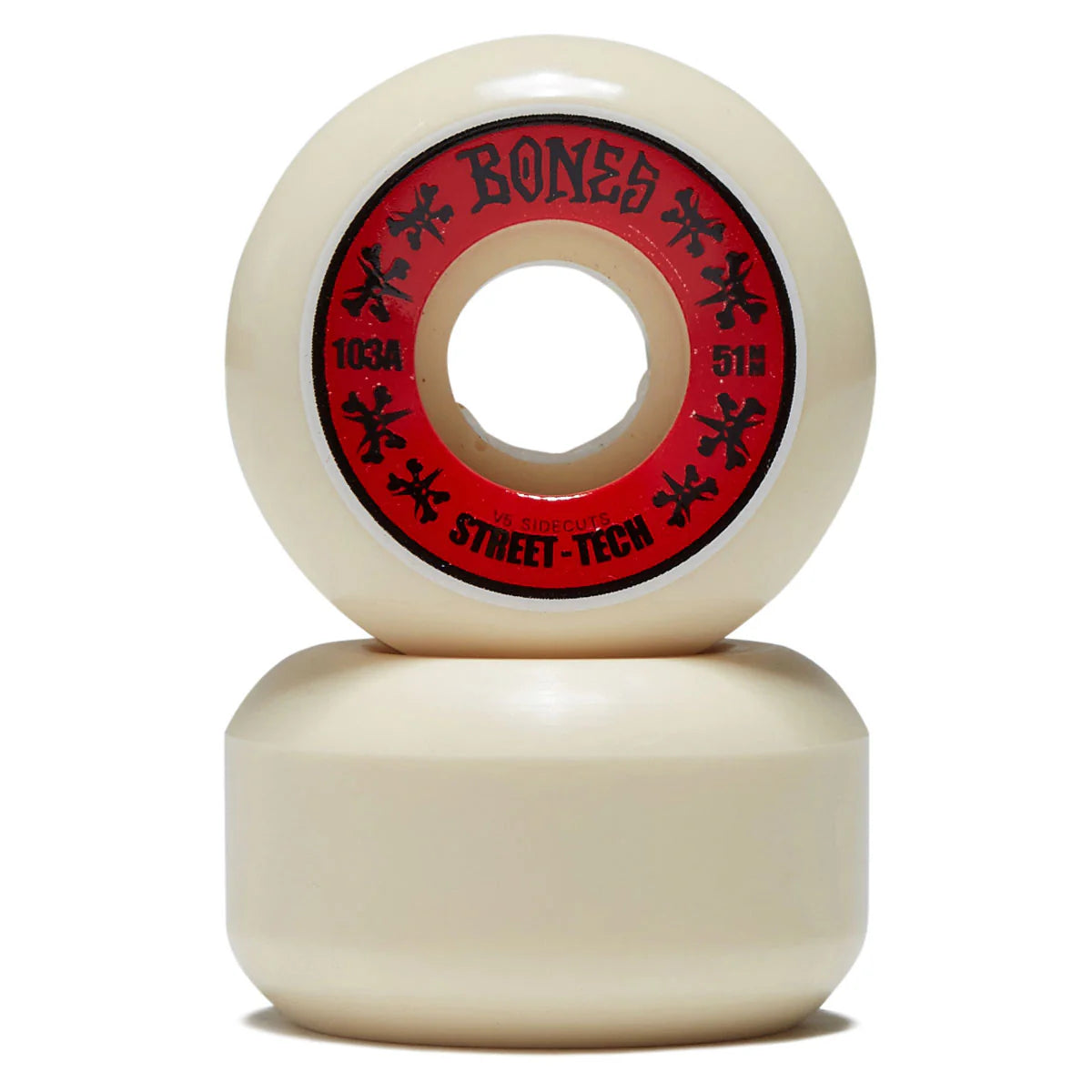 Two skateboard wheels with a red and black 'Bones' logo on a white background
