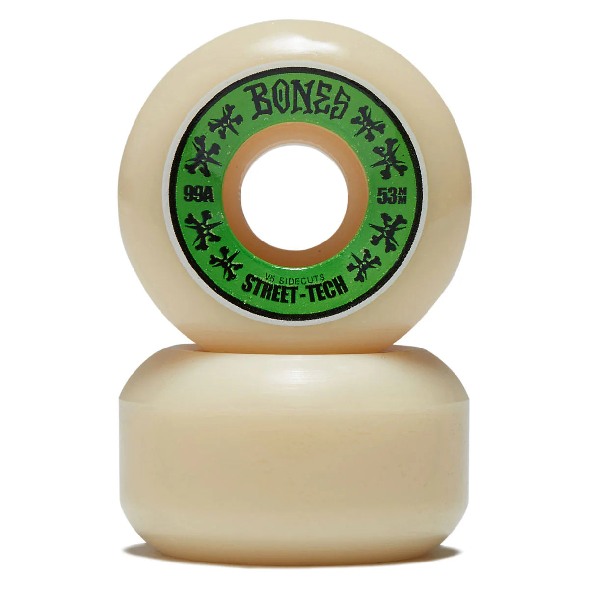 Two beige skateboard wheels with a green and black 'Bones' logo on a white background