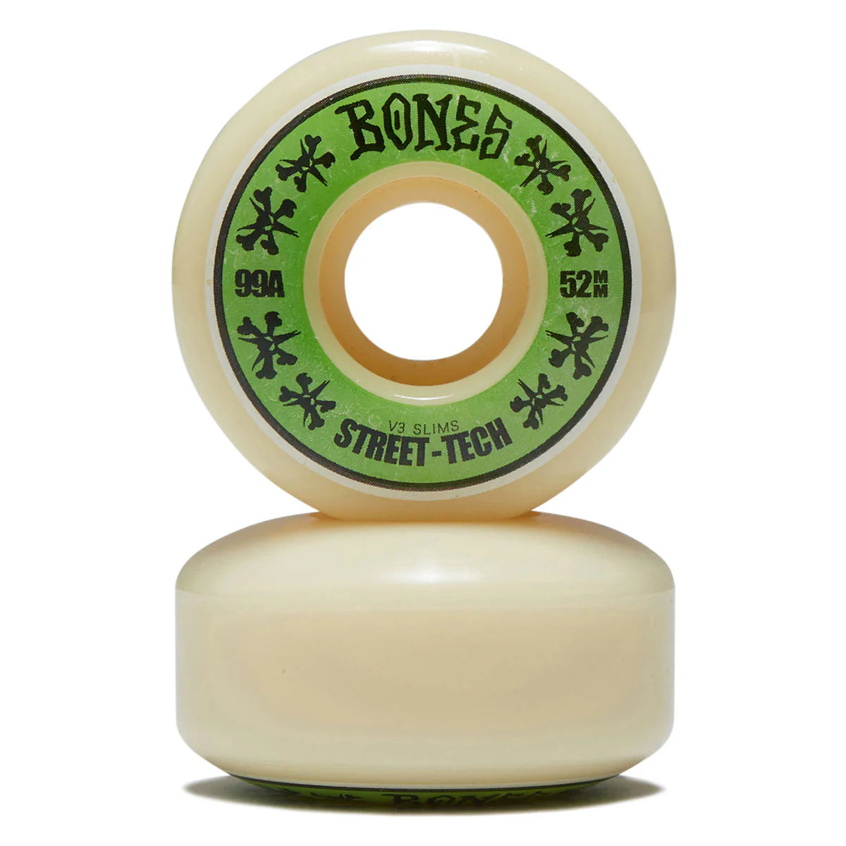 Skateboard wheel with green and black label on a white background