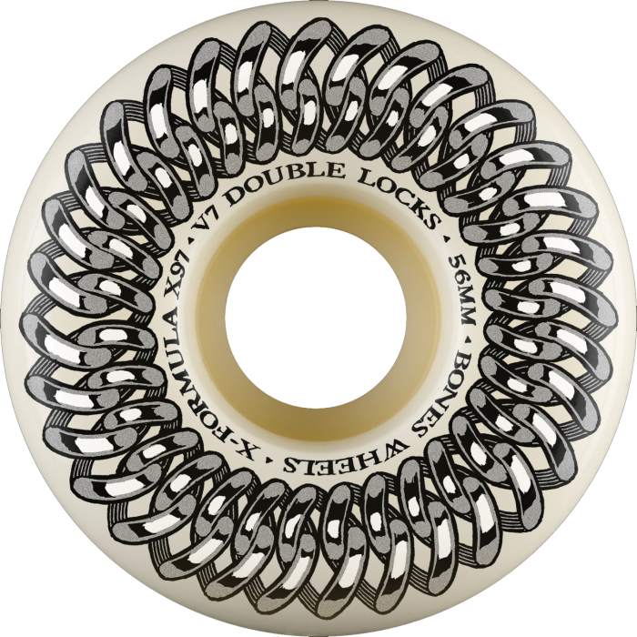 Skateboard wheel with chain design and branding on a white background