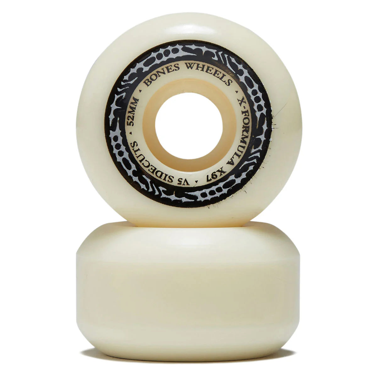 Two white skateboard wheels with black text on a white background