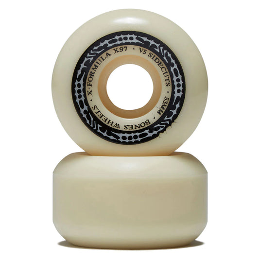Two cream-colored skateboard wheels with black text on a white background
