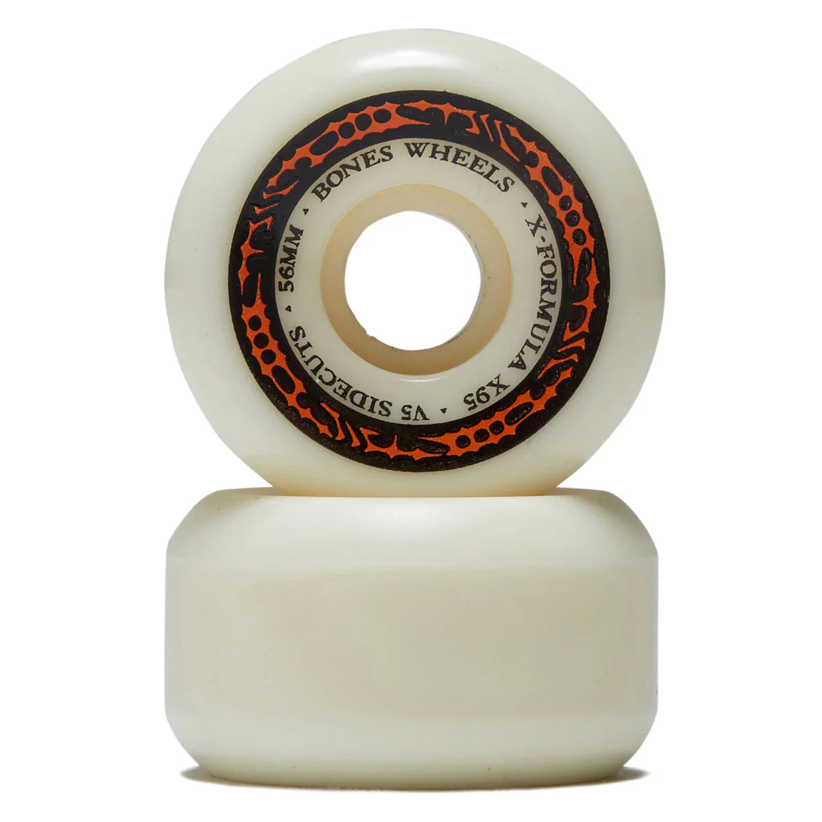 Two white skateboard wheels with a black and orange label on a white background