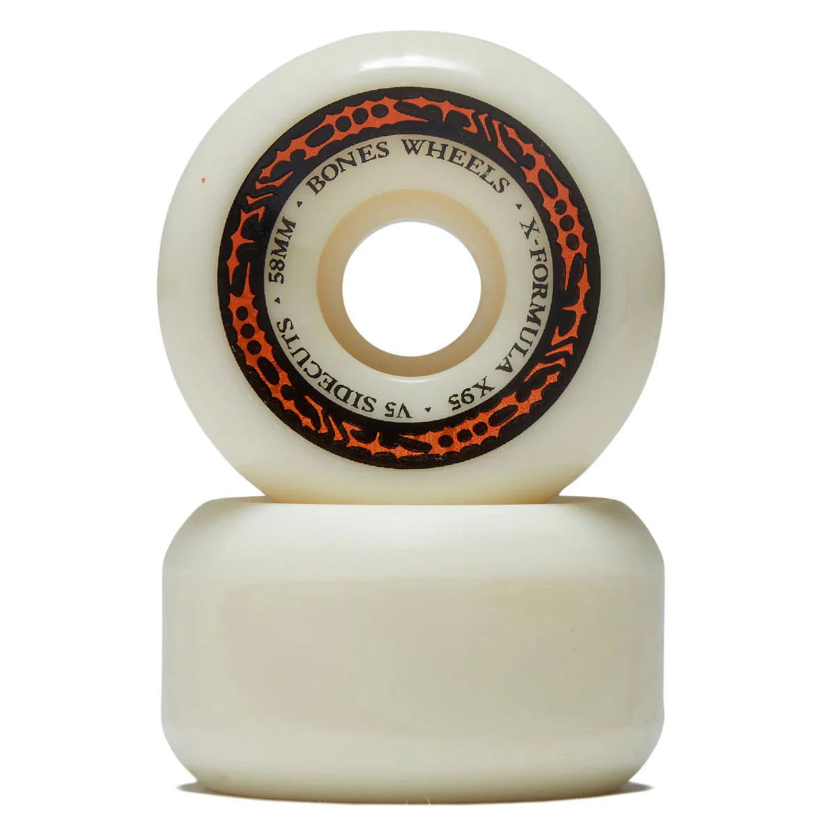 Two white skateboard wheels with a black and orange logo on a white background