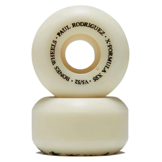 Two cream-colored skateboard wheels stacked vertically on a white background, with black text printed on the top wheel reading 'PAUL RODRIGUEZ X-FORMULA X-S5 WHEELS BONES VS/52'.
