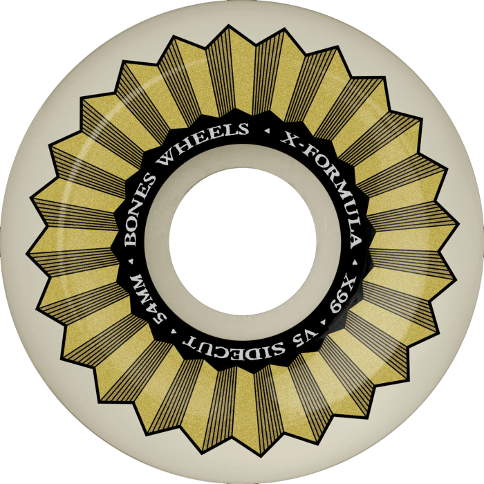 Skateboard wheel with yellow and black design on a white background