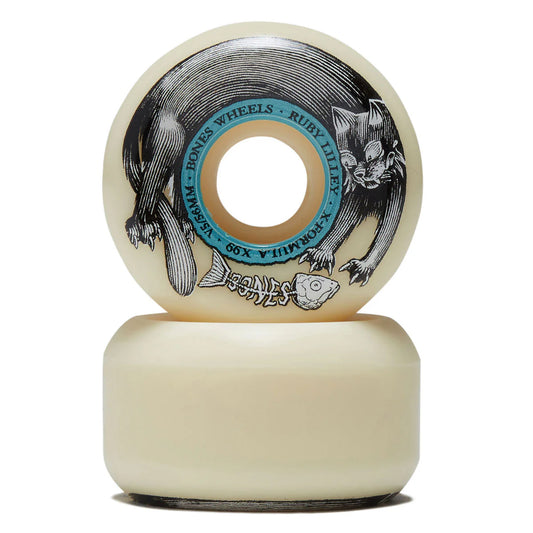 A cream-colored skateboard wheel stacked on top of its matching base, featuring a black cat illustration and a turquoise ring with text on a white background.