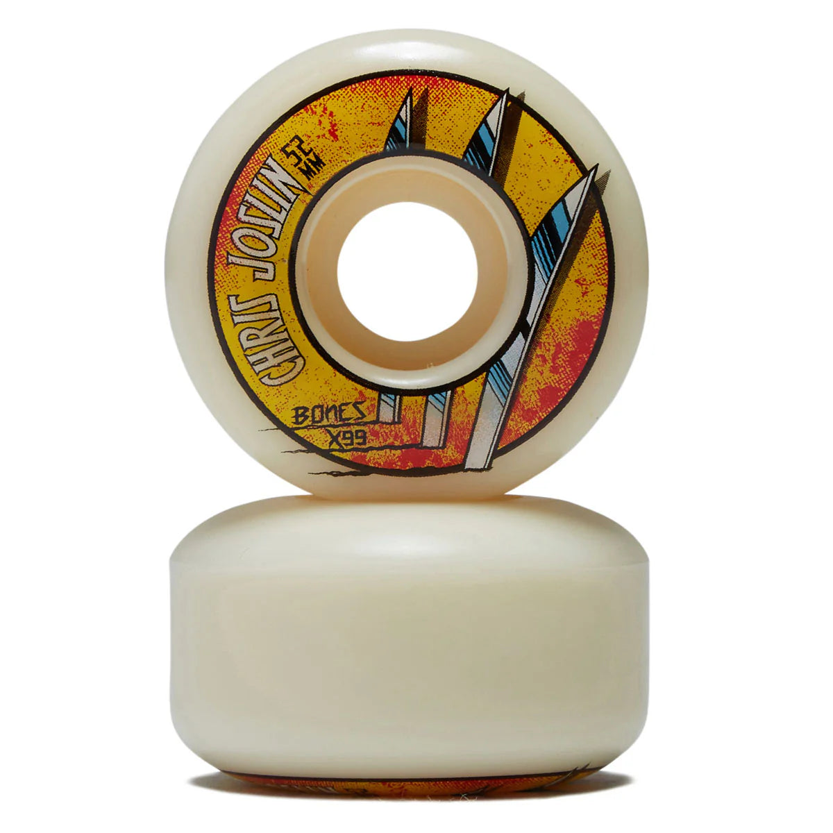 Skateboard wheel with colorful design and text on a white background