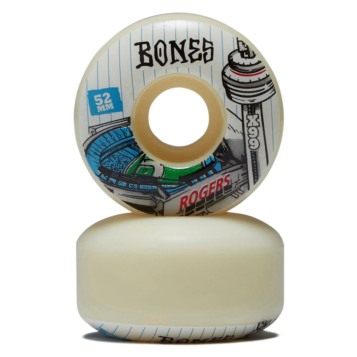 Skateboard wheels with 'Bones' and 'Rogers' branding on a white background