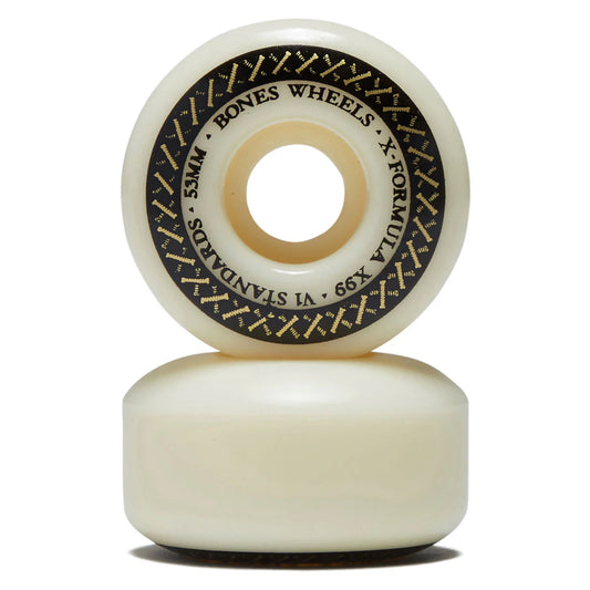 Two white skateboard wheels with black text on a white background