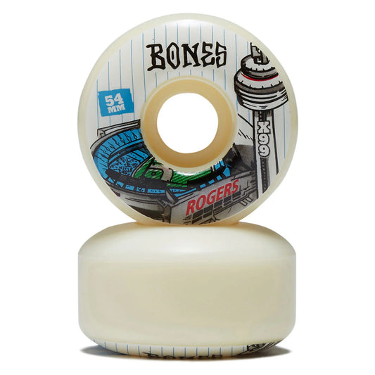 Skateboard wheels with 'Bones' branding on a white background