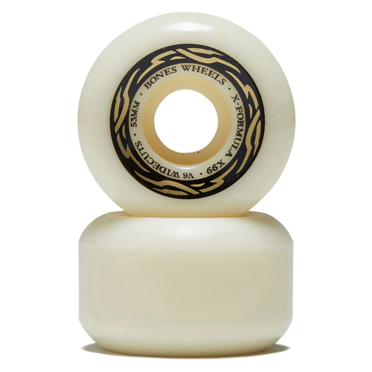 Two cream-colored skateboard wheels with black text on a white background