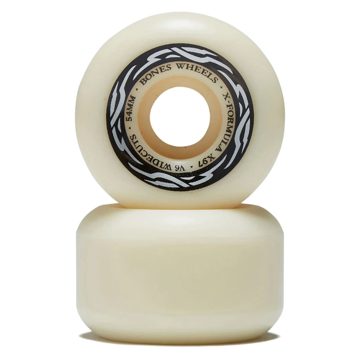 Two cream-colored skateboard wheels with a black and white logo on a white background
