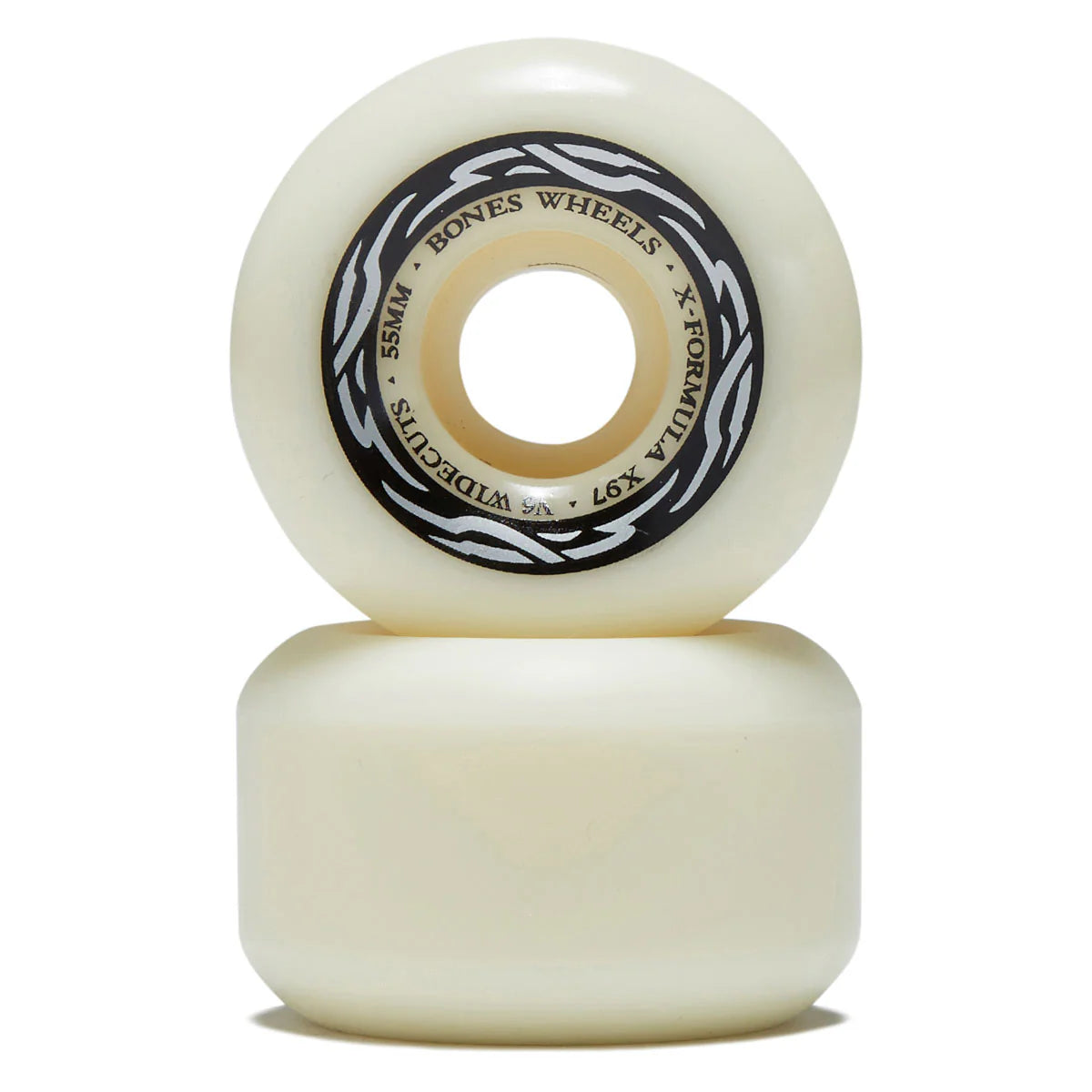 Two white skateboard wheels with black text on a white background