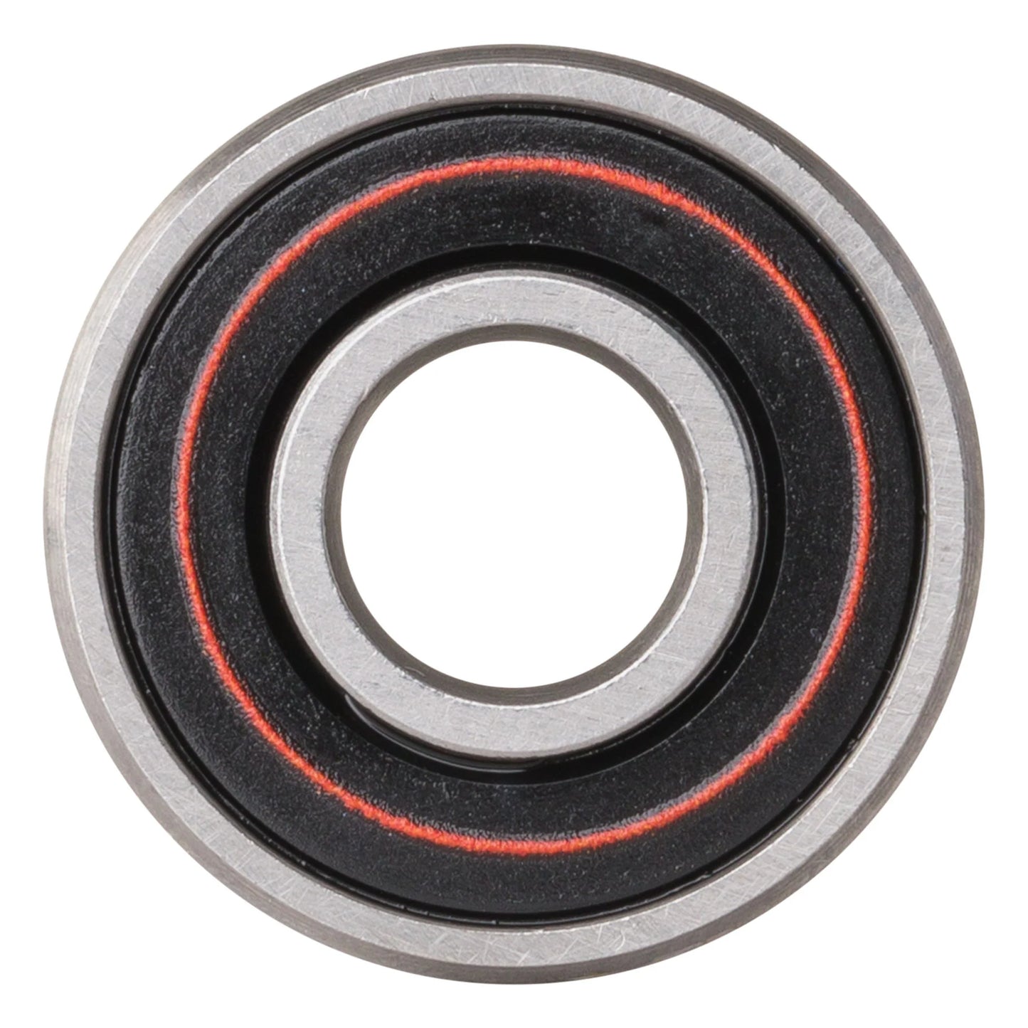 Close-up of a bearing with black, silver, and red colors on a white background