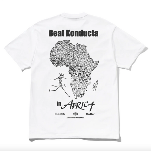 White t-shirt with black graphics and text on a white background