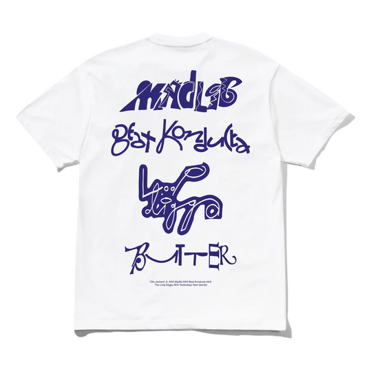 White t-shirt with purple text and graphics on a white background