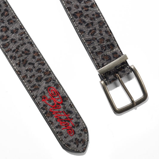 Gray leopard print belt with a red 'Butter' logo on a white background