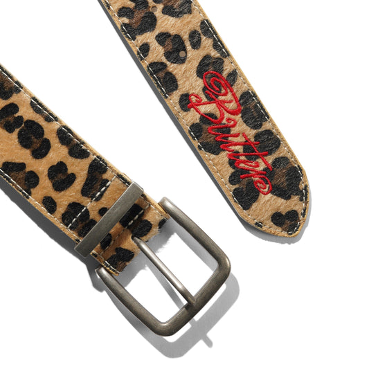 Leopard print belt with a red logo on a white background