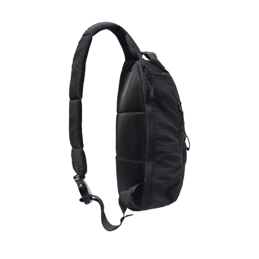 Black sling bag on a white background