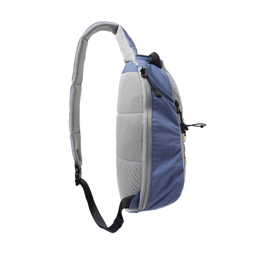 Blue and gray backpack on a white background