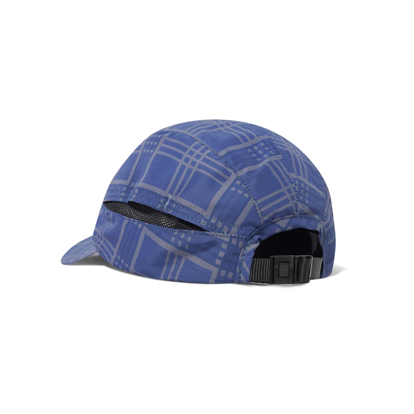 Blue patterned cap with black strap on a white background