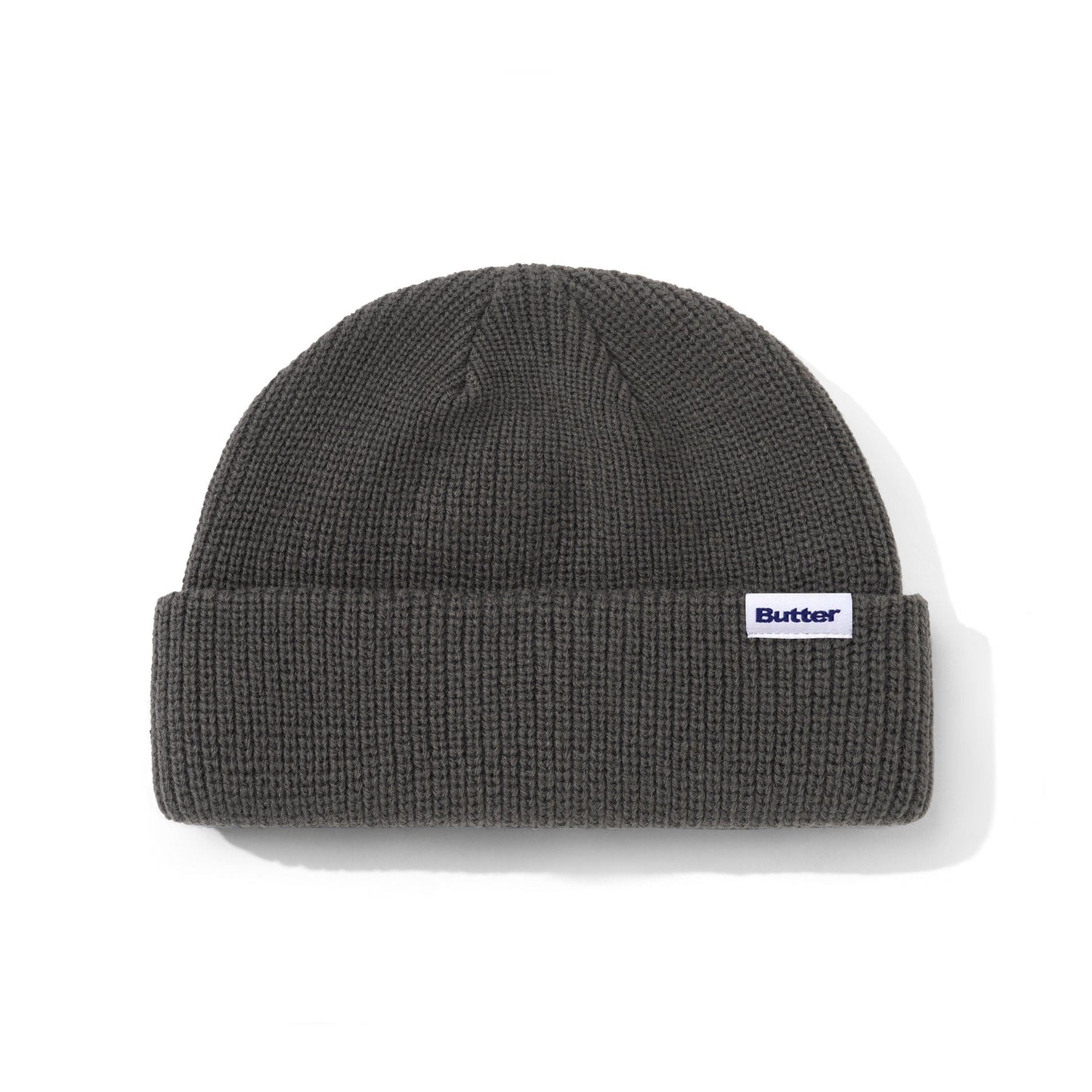 Gray beanie with a visible brand label on a white background