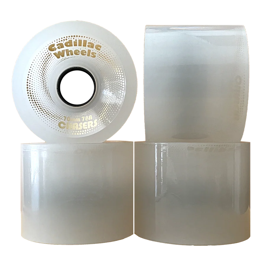 Two skateboard wheels with 'Cadillac Wheels' branding on a white background