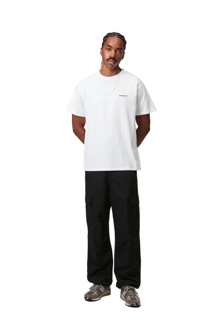 Person wearing a white t-shirt and black cargo pants on a white background