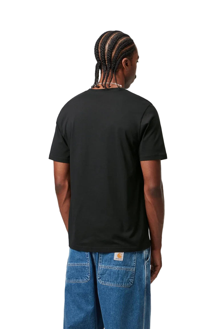 Person wearing a black t-shirt and blue jeans on a white background