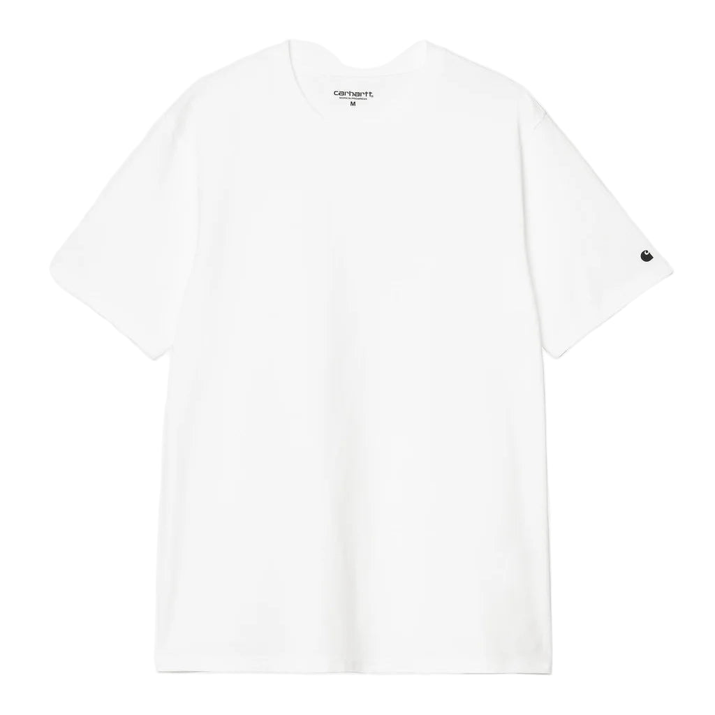 White t-shirt with a small black logo on a white background