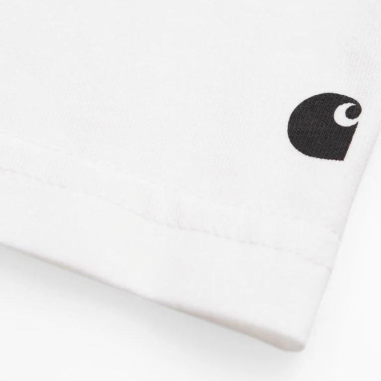 White t-shirt with a black logo on a white background