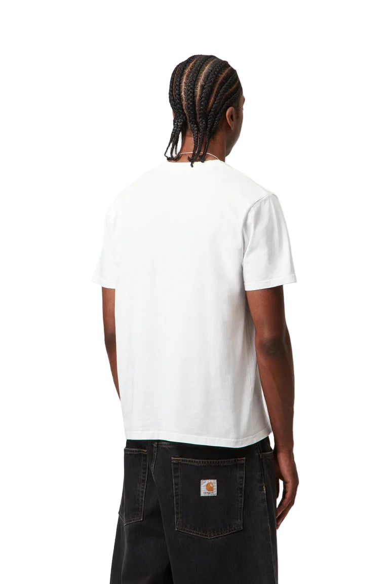 Person wearing a white t-shirt and black pants on a white background