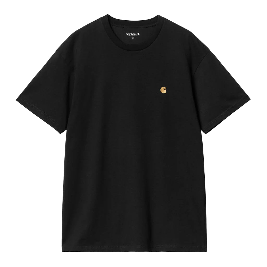 Black t-shirt with a gold logo on a white background