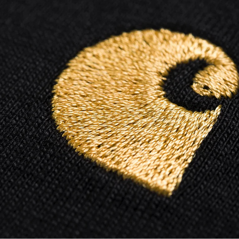 Gold embroidered logo on a black background