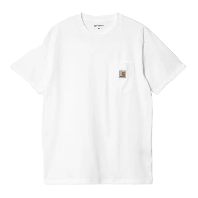 White t-shirt with a small logo on a white background