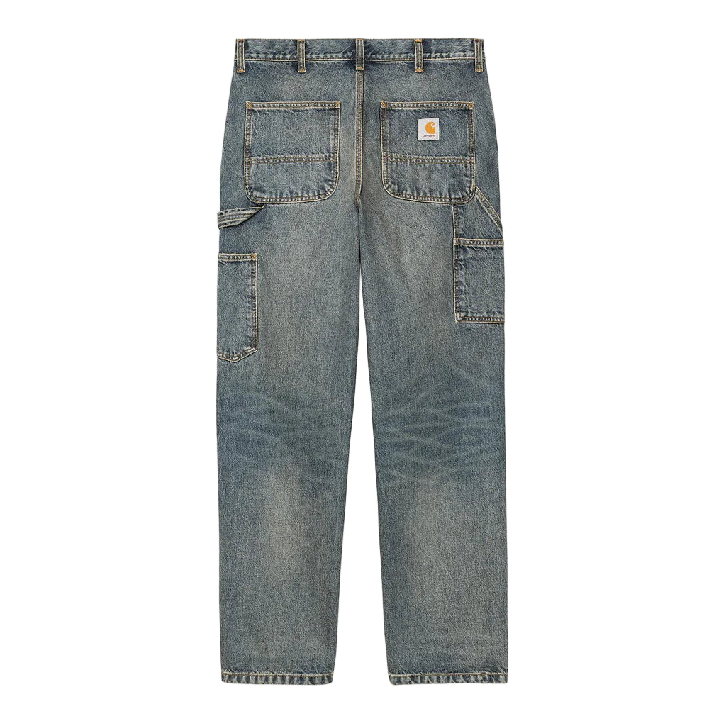 Blue denim jeans on a white background