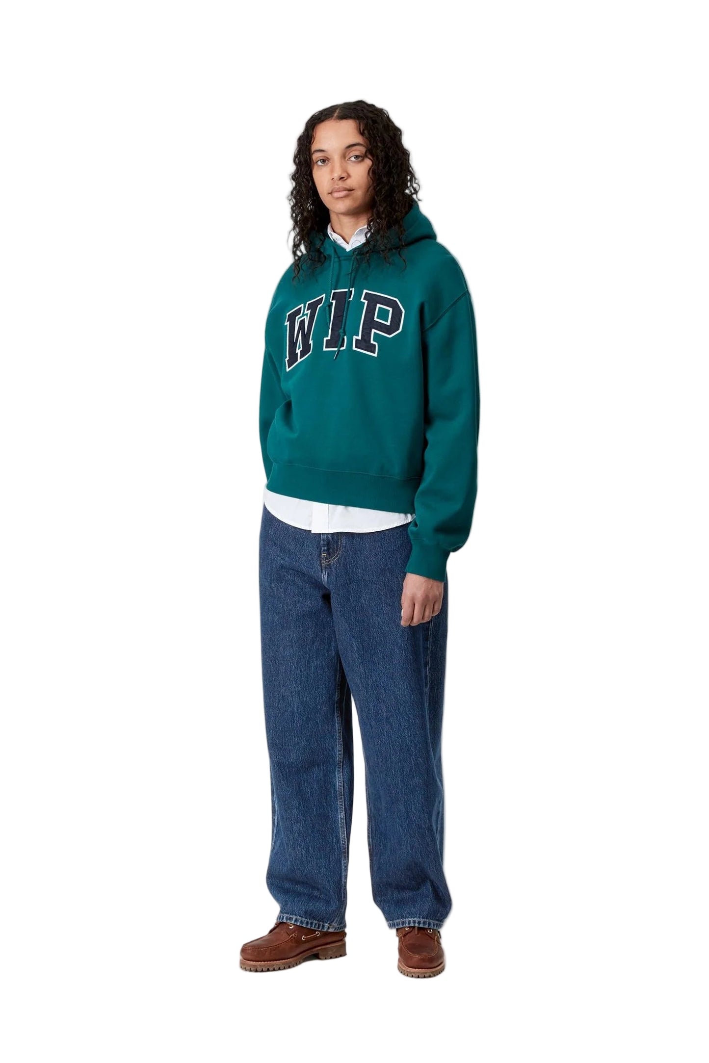 Person wearing a green hoodie with 'WIP' text on a white background